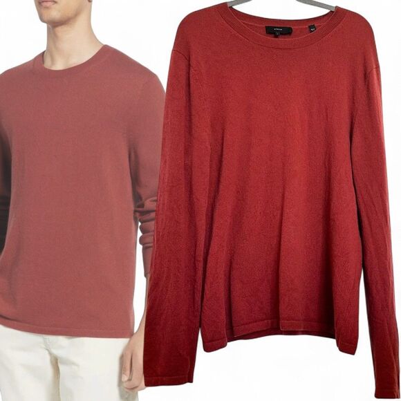 Vince 100% Cashmere Sweater Mens Large Crewneck Sequoia Burnt Orange Fall Luxury - Picture 1 of 11